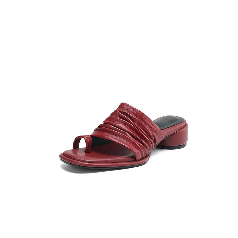 Women's Handmade Genuine Sheepskin Ruched Toe - Loop Block Heel Mules, Square