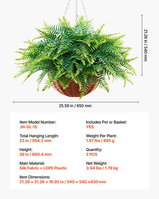 Artificial Ferns, 2 Pcs Fake Hanging Boston Fern Bush Plant With 23 Inch Hanging Length, Plastic Faux Greenery For Indoor And Outdoor Decor, For Wall, Wedding Party, Home, Porch Garden, Office