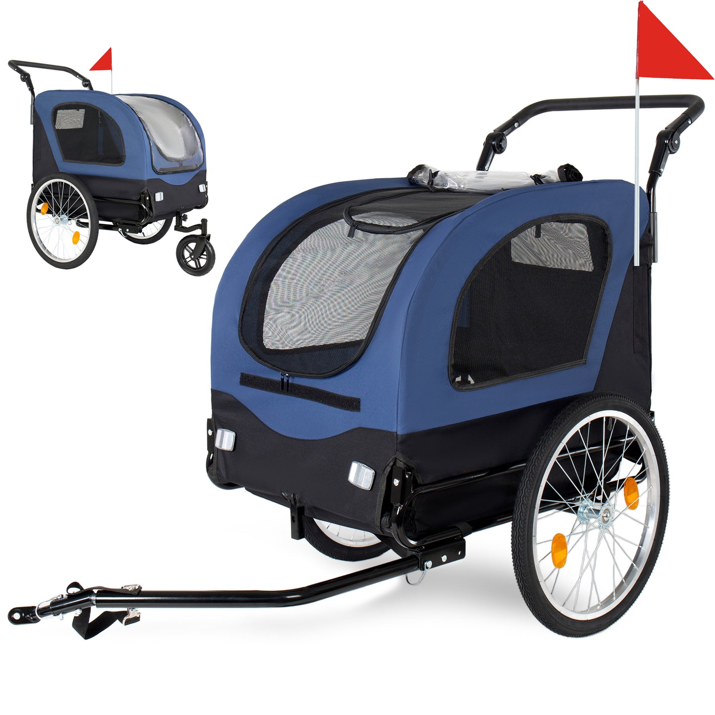 2-in-1  Bike Trailer & Pet Stroller For Dogs Up To 110lbs Foldable Pet Carrier Cart With Front Caster & 20   Quick Release Air-Filled Wheels, Breathable Mesh And PVC Rain Cover, Dark Blue