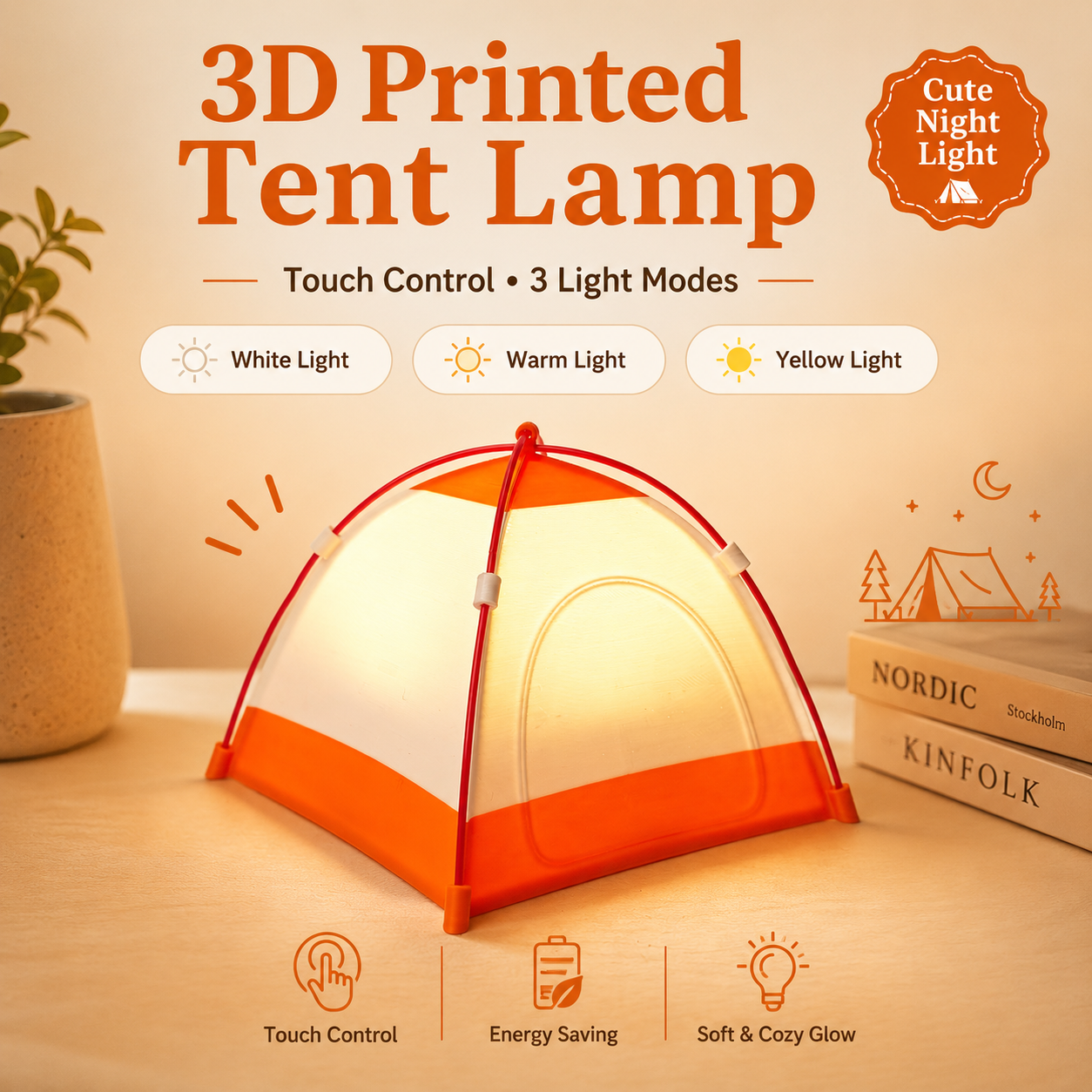 Veilleuse en forme de tente imprimée en 3D, 3 modes d'éclairage, lampe de chevet tactile