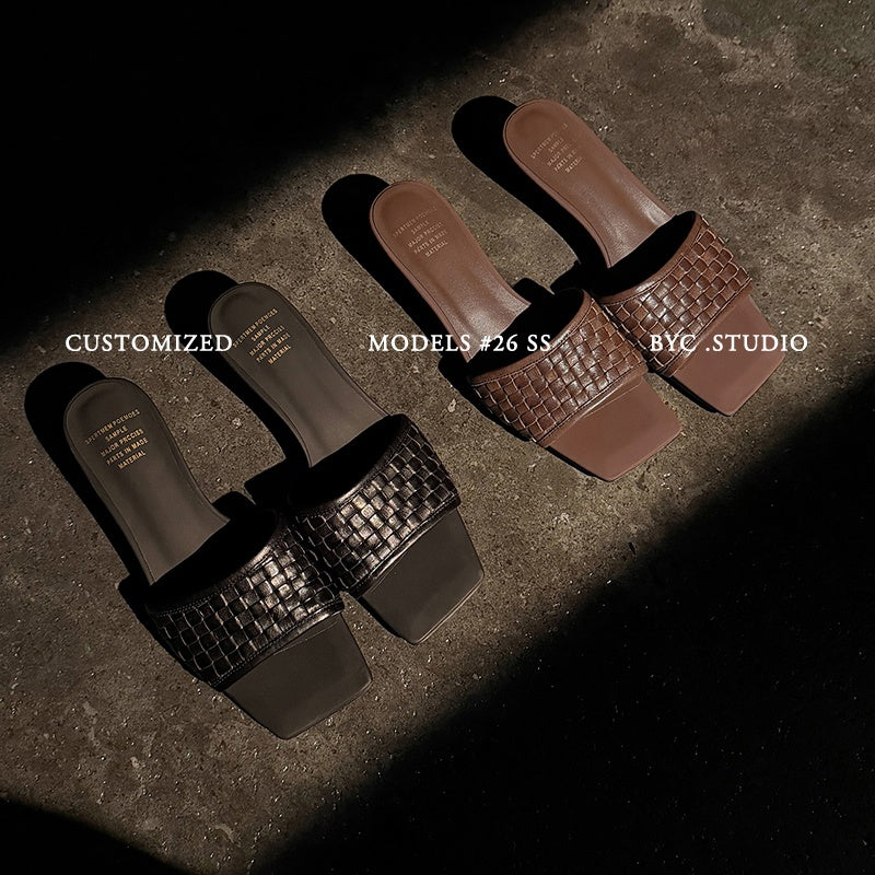 Women's Handmade Full - Grain Leather Woven Kitten Heel Slides, Square Toe Sheep