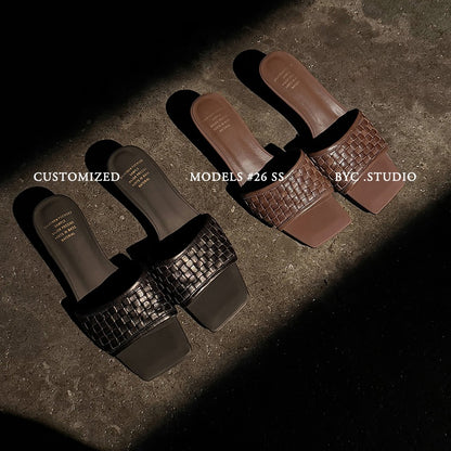 Women's Handmade Full - Grain Leather Woven Kitten Heel Slides, Square Toe Sheep
