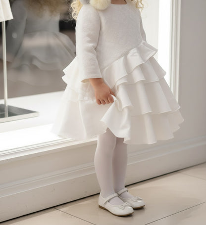 Girls Princess White Jacquard Satin Dress Elegant Multi - Layer Party Wear 2 - 1