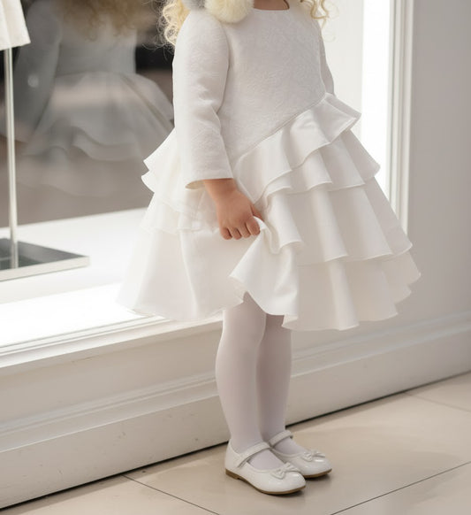 Girls Princess White Jacquard Satin Dress Elegant Multi-Layer Party Wear 2-10Y