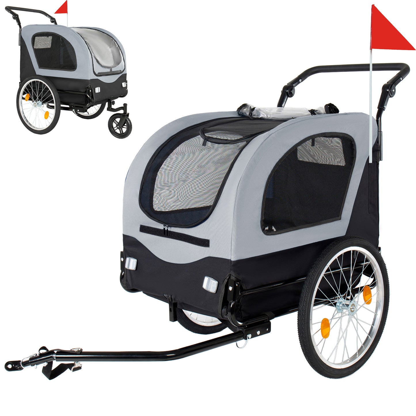 2-in-1  Bike Trailer & Pet Stroller For Dogs Up To 110lbs-Foldable Pet Carrier Cart With Front Caster & 20   Quick Release Air-Filled Wheels, Breathable Mesh And PVC Rain Cover, Gray