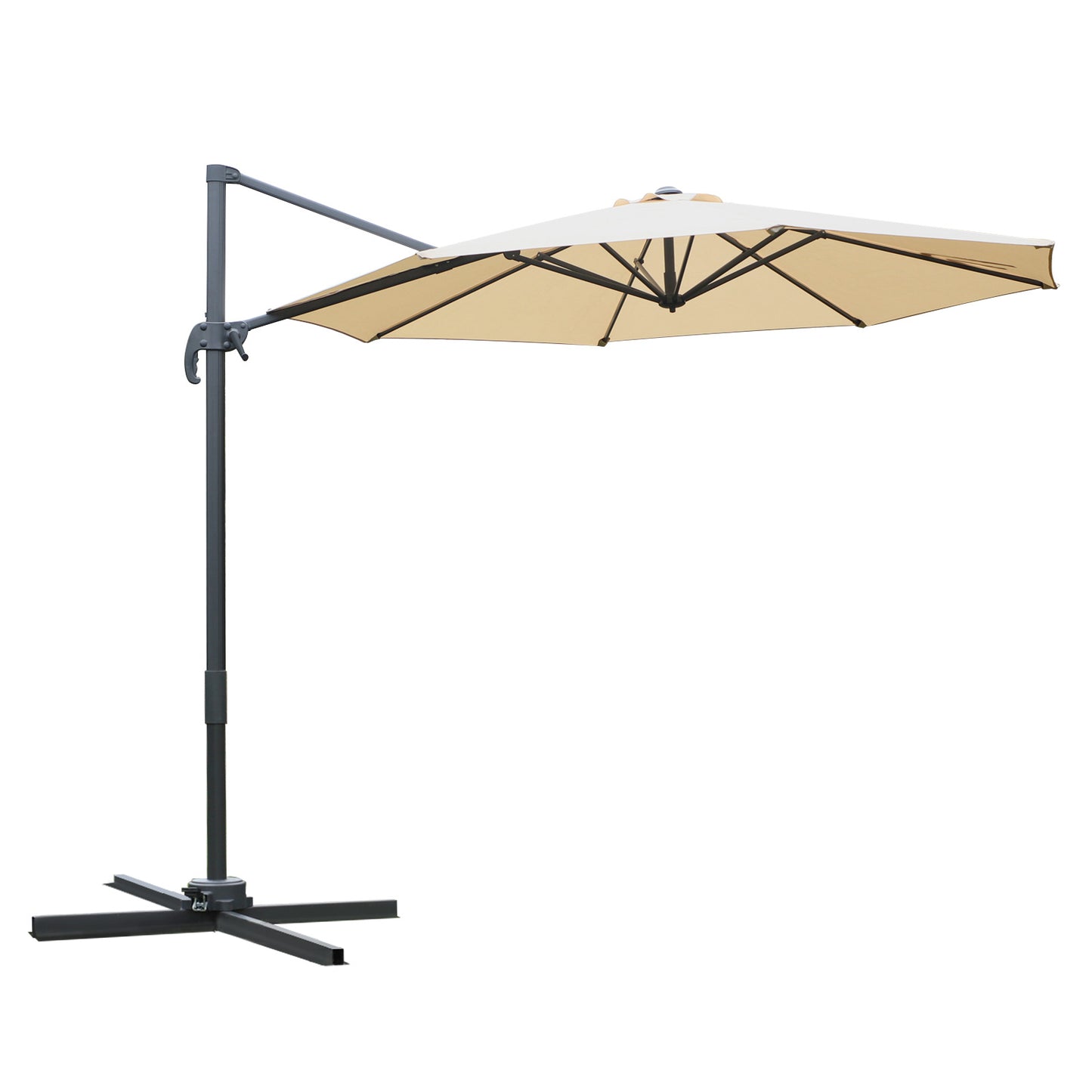 Round Umbrella Parasol W/ Tilt 360 Rotation And Hand Crank Cross Base-Beige