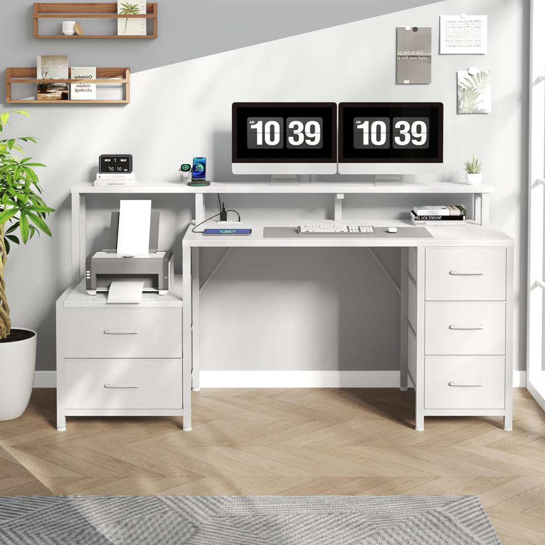 67-inch Computer Desk, Equipped With 5 Drawers And A Monitor Stand. The Gaming Table Comes With LED Lights And Power Sockets. The Printer Cabinet.