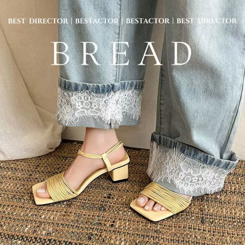 Women's Handmade Multi - Strap Leather Block Heel Sandals, Square - Toe Ankle Wr