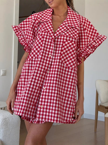 Ensemble Chemise à Volants Carreaux + Short Taille Haute