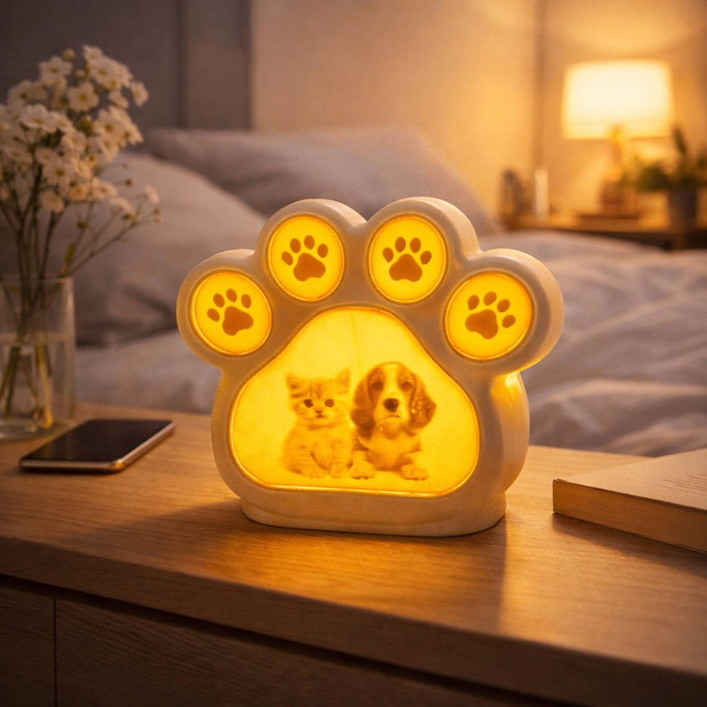 Veilleuse patte d'animal imprimée en 3D, photo ou texte personnalisable, cadeau mémorial chat ou chien