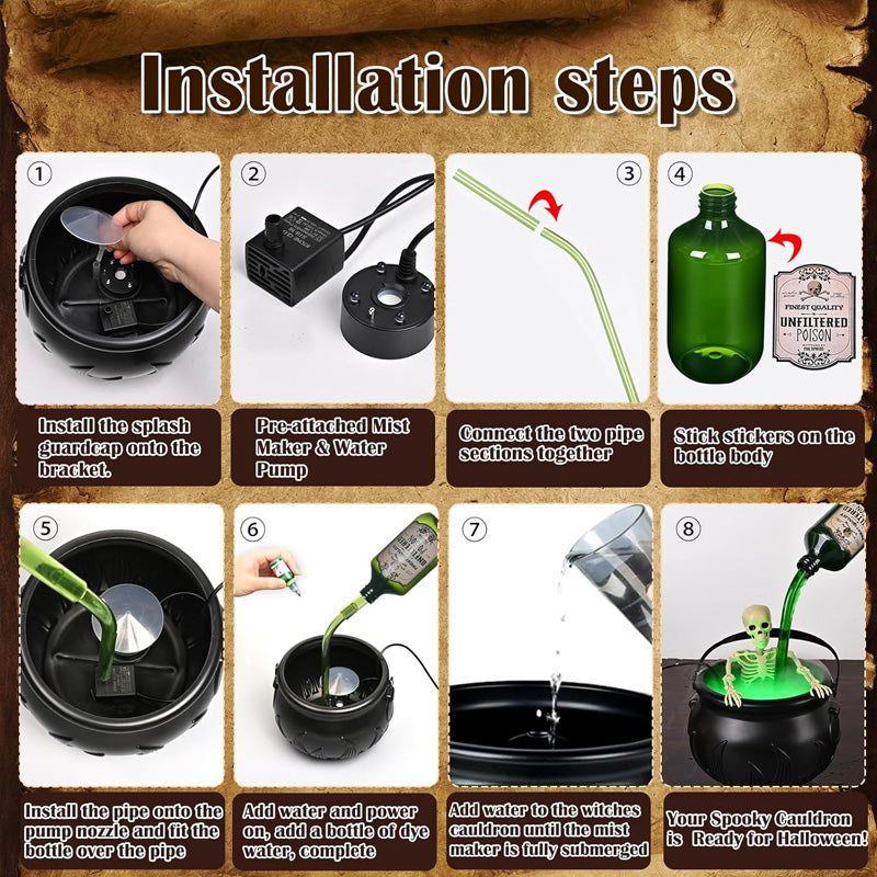 Halloween Spooky Witch Decor: Witch Cauldron, Floating Bottle Fog Machine & Skull LED Light – For Party & Home