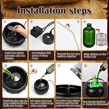 Halloween Spooky Witch Decor: Witch Cauldron, Floating Bottle Fog Machine & Skull LED Light – For Party & Home