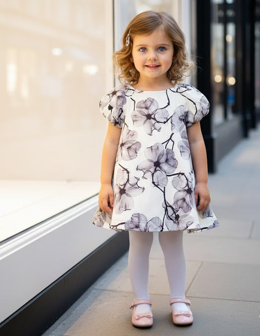 Girls Floral Smock Dress Puff Sleeve A-Line Princess Party Dress Toddler  1-9Y