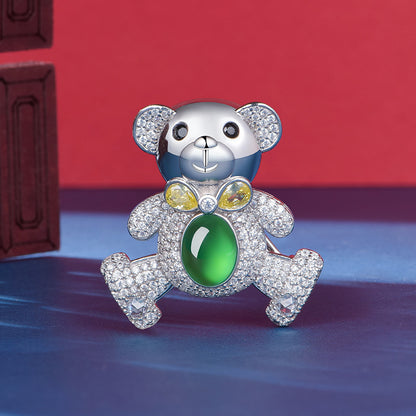 Broche Ours Pavée Argent S925 - Calcédoine Verte