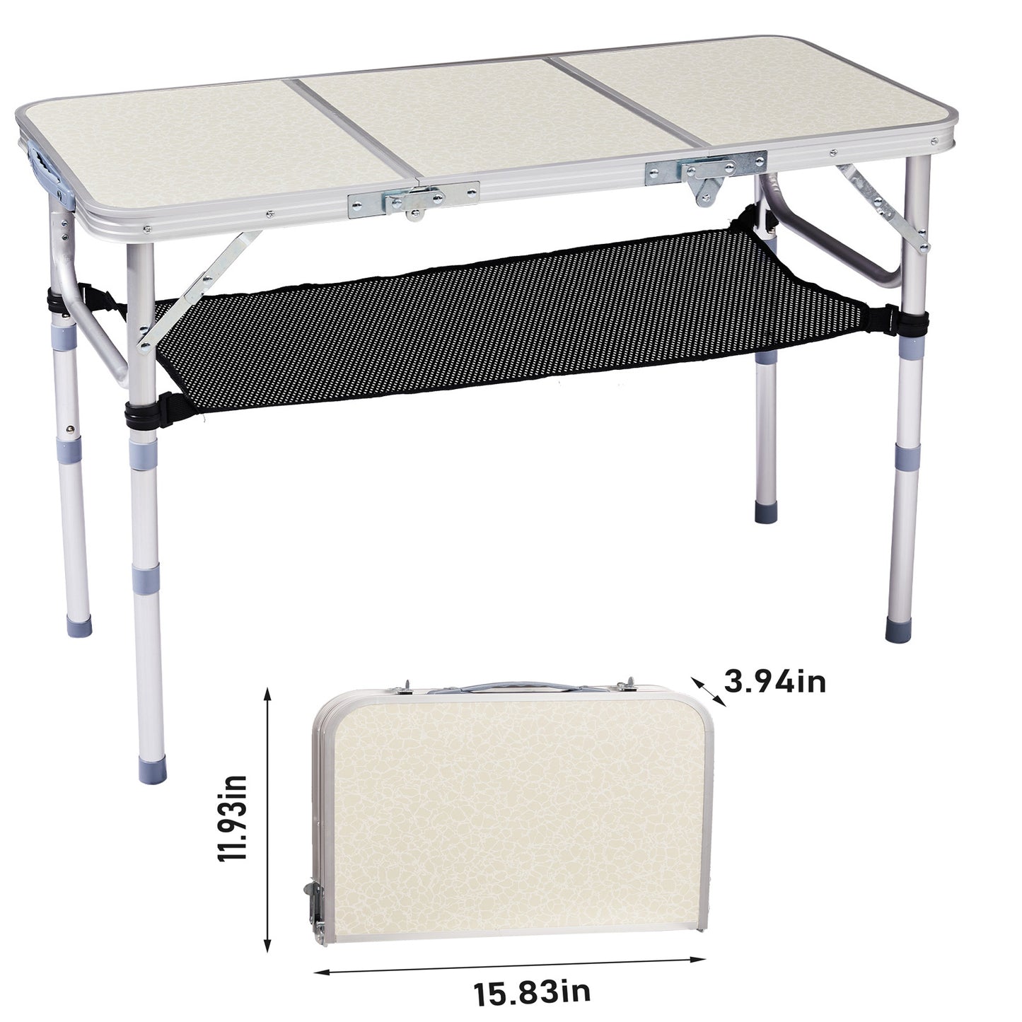 Table de camping pliante en aluminium 90 cm, hauteur réglable, avec étagère filet, extérieur