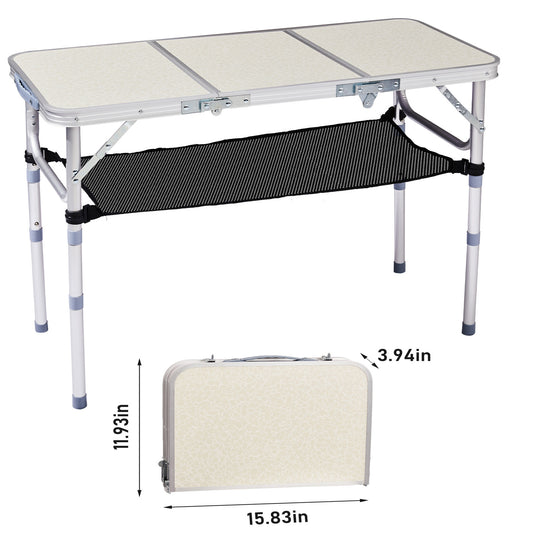 Table de camping pliante en aluminium 90 cm, hauteur réglable, avec étagère filet, extérieur
