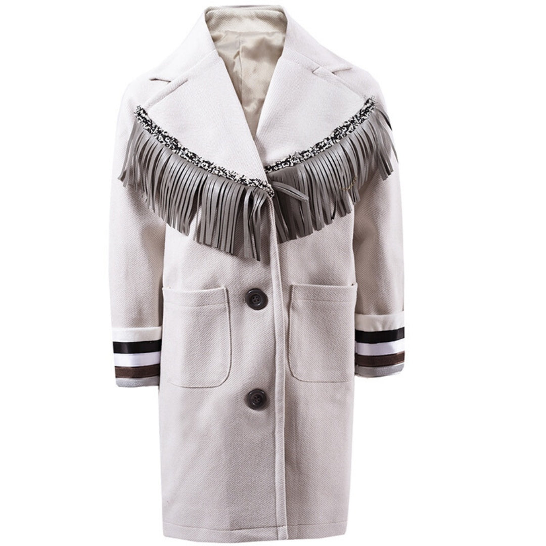 Girls Woolen Long Coat 3-12y Cream Orange Vintage Coat Cute Style