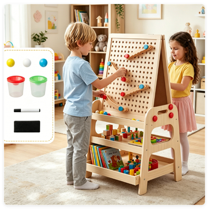 Chevalet d'Art en Bois 2-en-1 pour Enfant avec Circuit à Billes