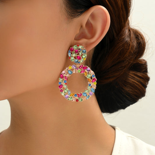 Luxury Elegant Two Tier Full Rhinestone Hollow Circle Statement Dangle Earrings For Women Party Prom Wedding Evening Daily Wear