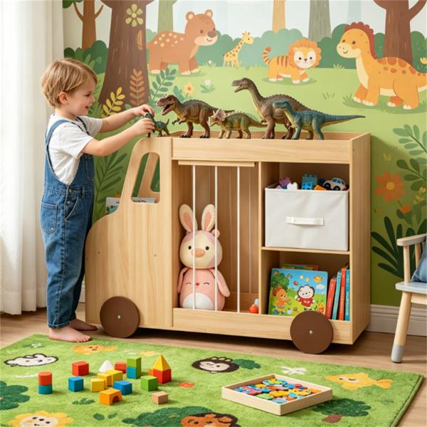Meuble de Rangement Jouets 4-en-1 à Roulettes - Bibliothèque Voiture Bois