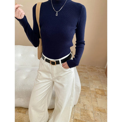 Chic Buttoned Cuffed Slim-Fit High-Neck Knit Top Layering Essential
