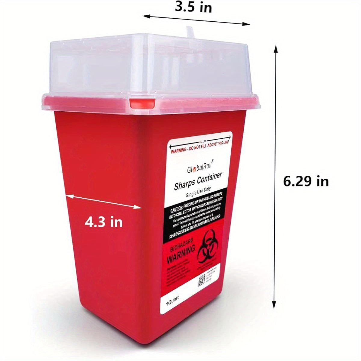 6 Pack GlobalRoll 1 Quart Sharps Containers - Biohazard Needle & Syringe Disposal Containers with Safety Lock, Red/Black Design for Home, Travel, Medical Use - OSHA & FDA Compliant, Sleek Oval Container, Secure Lid Closure, H