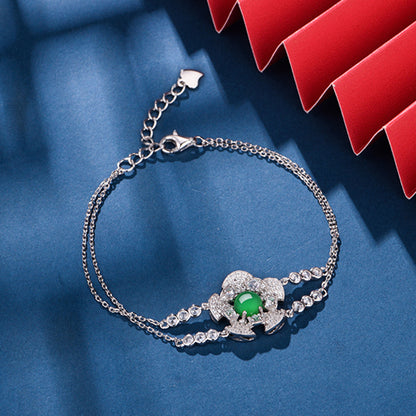 Bracelet Double Chaîne Argent S925 - Chrysoprase Verte 6mm