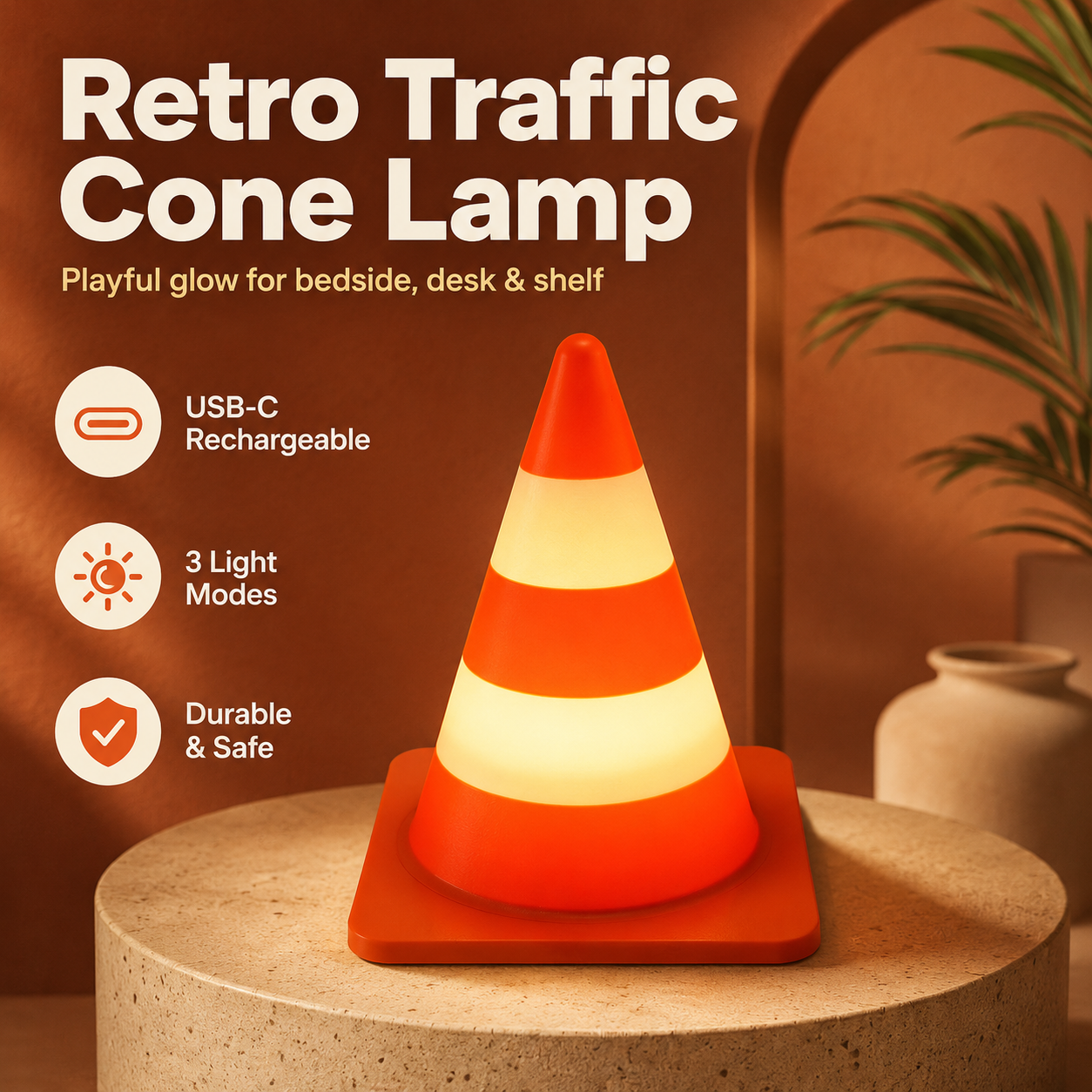 Lampe cône de signalisation rétro imprimée en 3D, veilleuse tactile, rechargeable USB-C, 3 modes d'éclairage