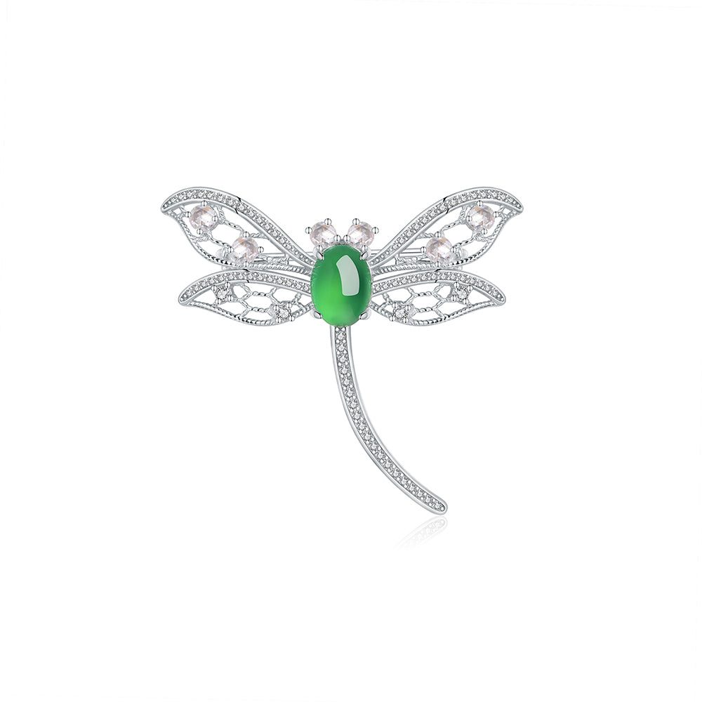 Broche Libellule Argent S925 - Chrysoprase Verte Cabochon