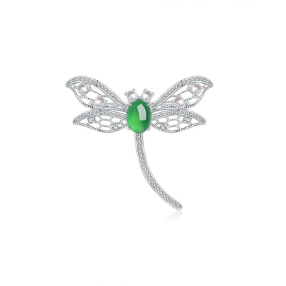 Broche Libellule Argent S925 - Chrysoprase Verte Cabochon