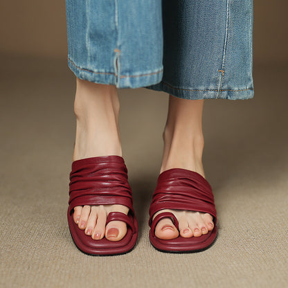 Women's Handmade Genuine Sheepskin Ruched Toe - Loop Block Heel Mules, Square