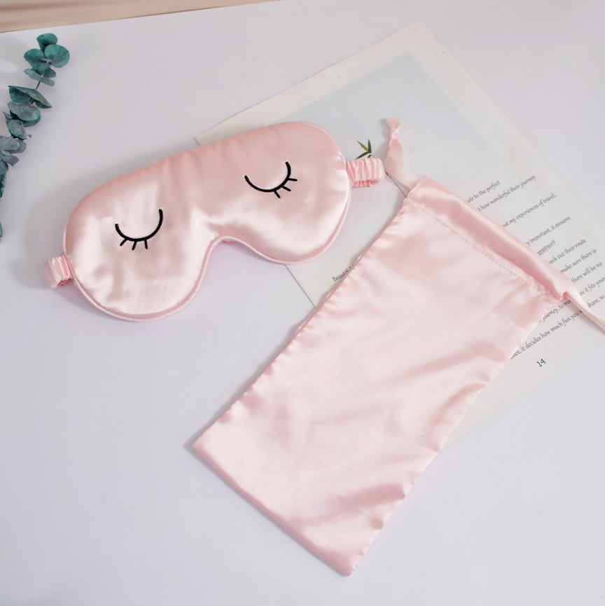 Embroidery eye mask set-eye mask + bundle pocket-pink-imitation silk-1 piece