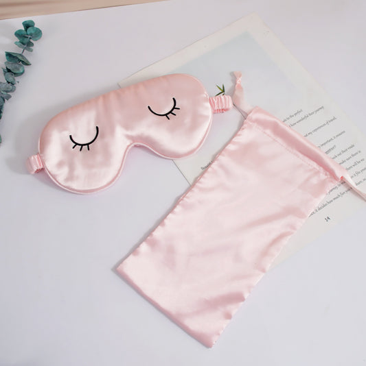 Embroidery eye mask set-eye mask + bundle pocket-pink-imitation silk-1 piece