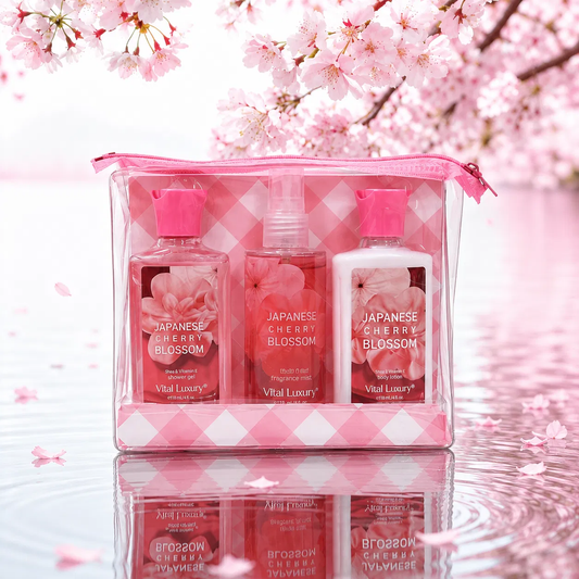 Portable 3pc Travel Body Care Kit-Cherry Blossom & Cotton Candy Fragrance-Refreshing Shower Gel, Moisturizing Lotion & Body Mist Set