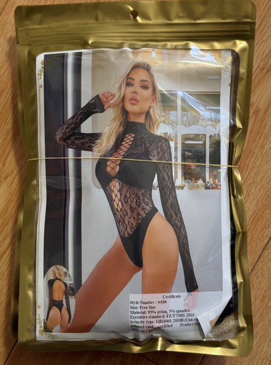 Sexy High Cut Lace Fishnet Bodysuit Long Sleeve High Neck Front Criss Cut Open Back Sheer Mesh Teddy Nightwear
