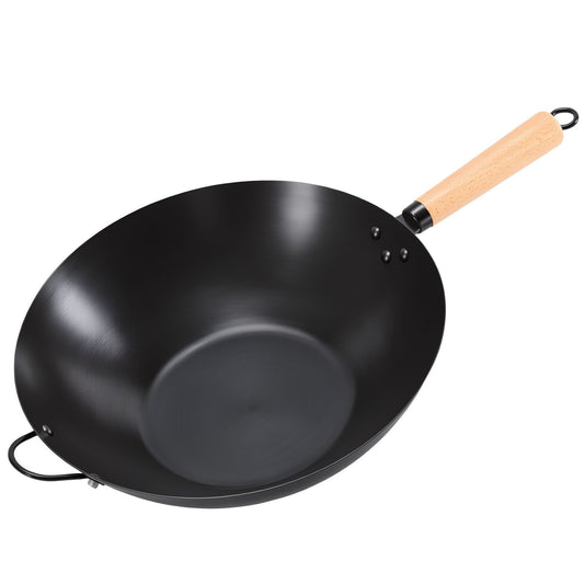Wok en acier au carbone antiadhésif à fond plat, préculotté, compatible induction, barbecue et camping