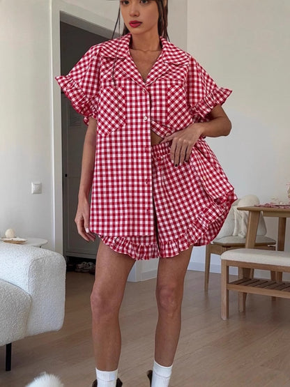 Ensemble Chemise à Volants Carreaux + Short Taille Haute