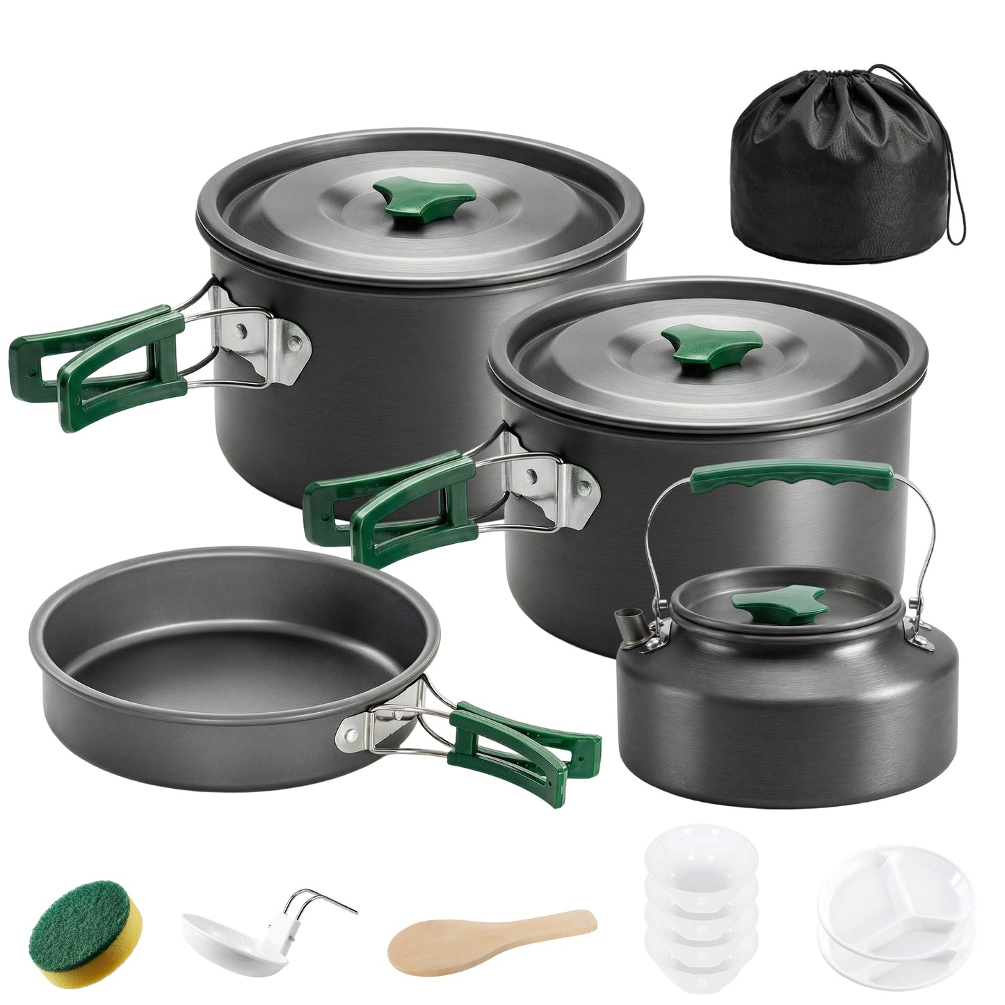Set de cuisine de camping 5 pièces, casserole et poêle pour 4-5 personnes, gris