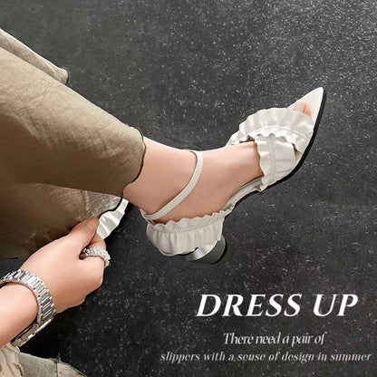 Women's Handmade Full - Grain Leather Ruffled Pointed - Toe Block Heel Sandals