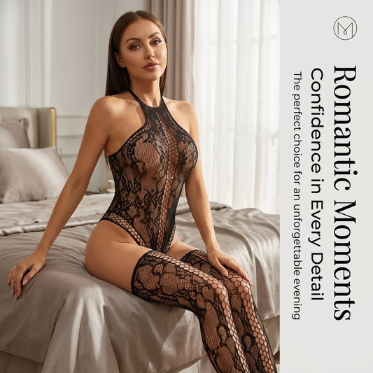 Sexy Halter-neck Bodysuit With Mesh, High-elasticity See-through Lace Bodysuit, And Matching Over-the-knee Stockings For A Lingerie Look.