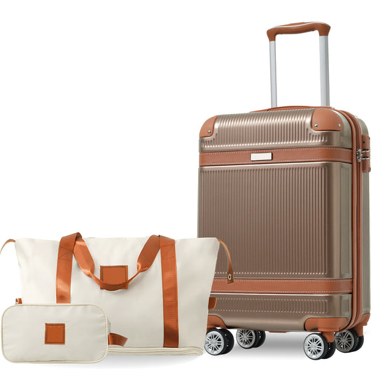 Ensemble de 3 valises rigides avec valise cabine 20 pouces, roulettes pivotantes et serrure TSA, ABS durable, cuivre