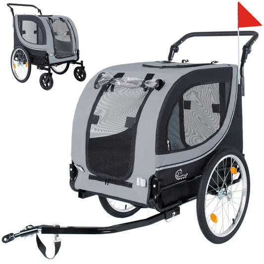 2-in-1 Bike Trailer & Pet Stroller For Dogs Up To 100lbs Foldable Pet Carrier Cart With Two 8   Front Caster & 20   Quick Release Air-Filled Wheels, Breathable Mesh And PVC Rain Cover, Gray