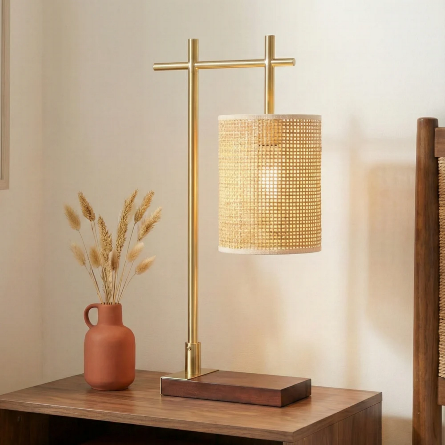 Lampe de chevet nordique Moonstone, abat-jour en bambou, marron foncé et bronze, 110V