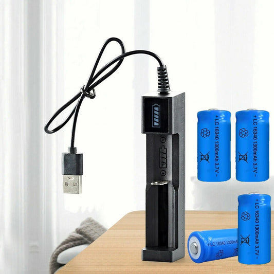 4 Pack 1300 MAh 16340 RCR123A Rechargeable 3.7 V Ion Battery USB Battery Charger