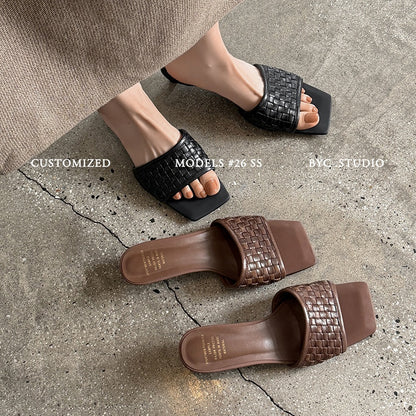 Women's Handmade Full - Grain Leather Woven Kitten Heel Slides, Square Toe Sheep