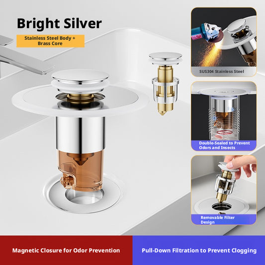 Drain deodorant filter element-all silver-304 stainless steel + brass bounce core-1 piece