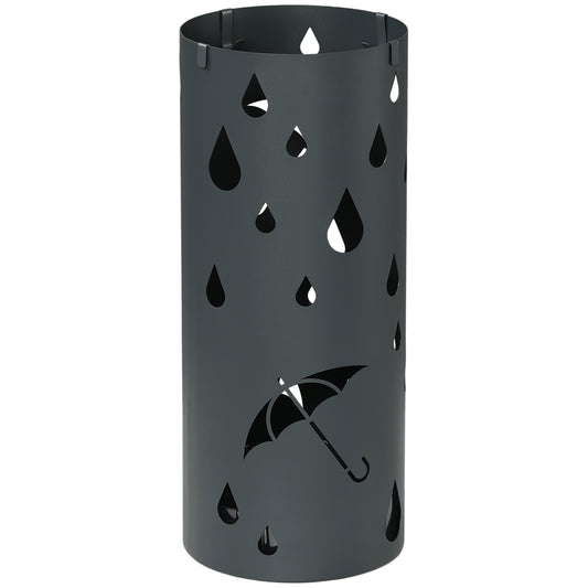 Freestanding Umbrella Stand For Hallway, Round Umbrella Basket With 4 Hooks And Drip Tray For Entryway, Dark Grey