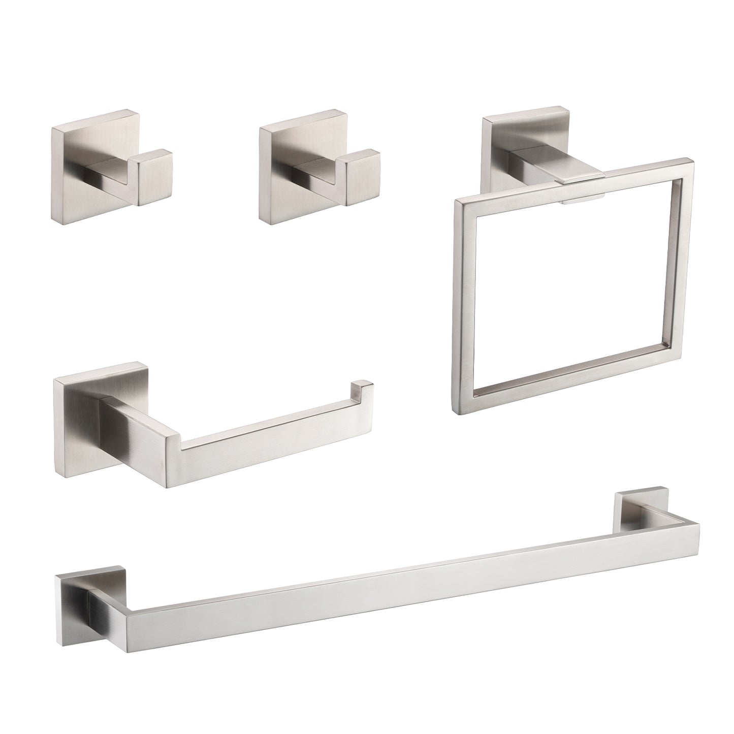 5-Piece SUS304 Bathroom Set Towel Bar Ring   Hooks   TP Holder, Brushed Finish