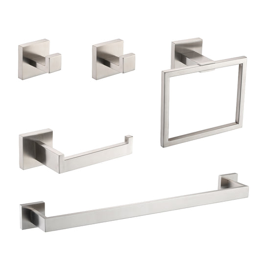 5-Piece SUS304 Bathroom Set Towel Bar Ring   Hooks   TP Holder, Brushed Finish