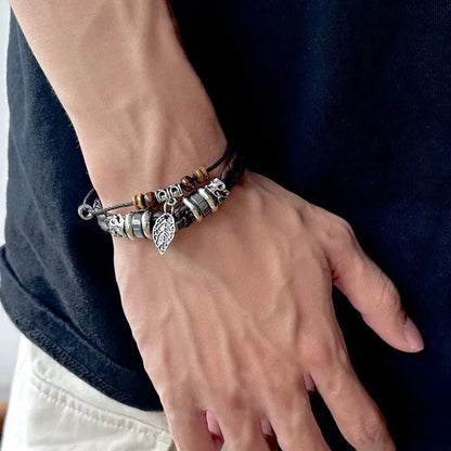 Bracelet Double Cuir Tressé Perles Bois Charm Feuille - Bohème